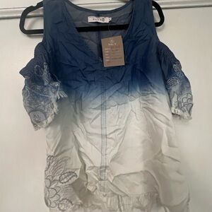 Blue and White Asymmetrical Sleeveless Blouse